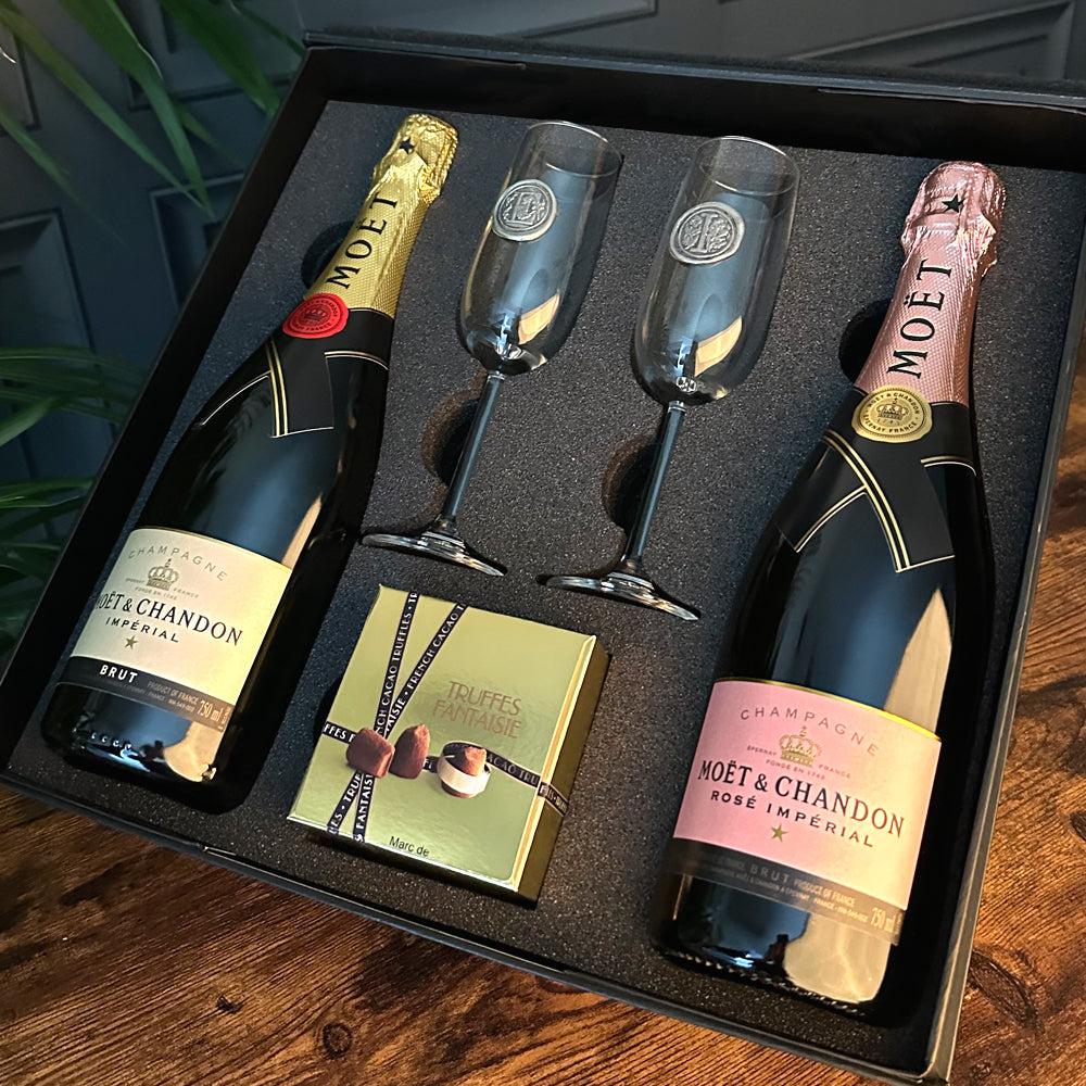 English Factory Luxury Champagne Gift Set Includes Moet Brut & Rose 2 Personalised Champagne Flutes & Truffles