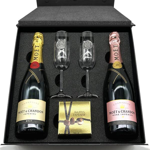 english factory Luxury Champagne Gift Set Includes Moet Brut & Rose 2 Personalised Champagne Flutes & Truffles