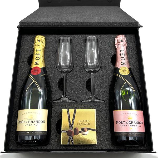 english factory Luxury Champagne Gift Set Includes Moet Brut & Rose 2 Champagne Flutes & Truffles