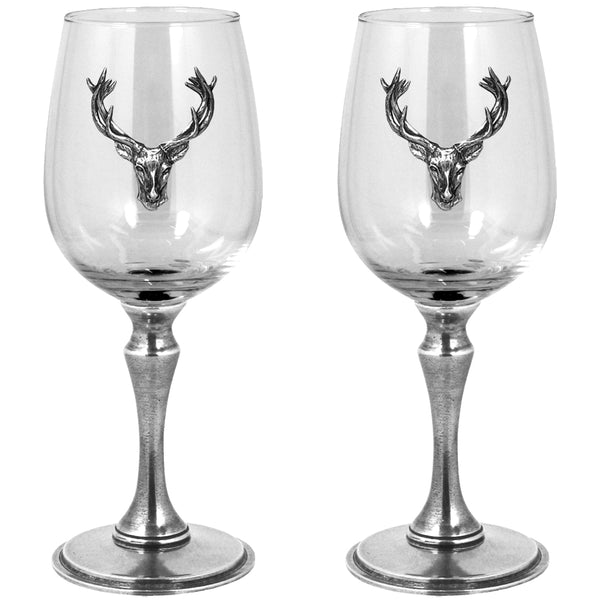 english factory Luxury Pewter Stag Head Wine Glasses Set With Solid Pewter Stem - Pair