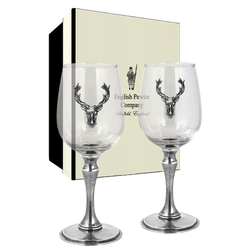 English Factory Luxury Pewter Stag Head Wine Glasses Set With Solid Pewter Stem - Pair