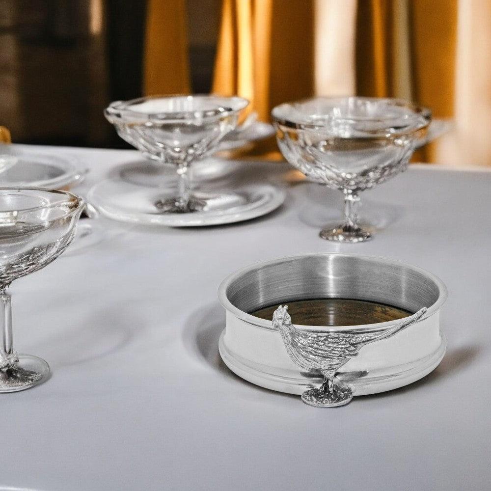 English Factory Luxury Pewter Wine Bottle Coaster With Pheasant Adornment