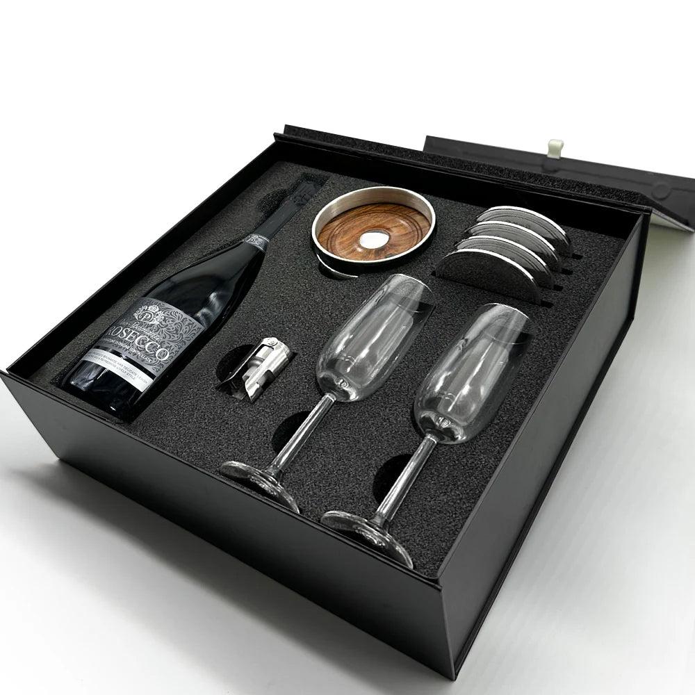English Factory Luxury Prosecco Gift Set Includes Bottle 2 Flutes Pewter Bottle Sealer Pewter Bottle Coaster & 4 Pewter Coasters