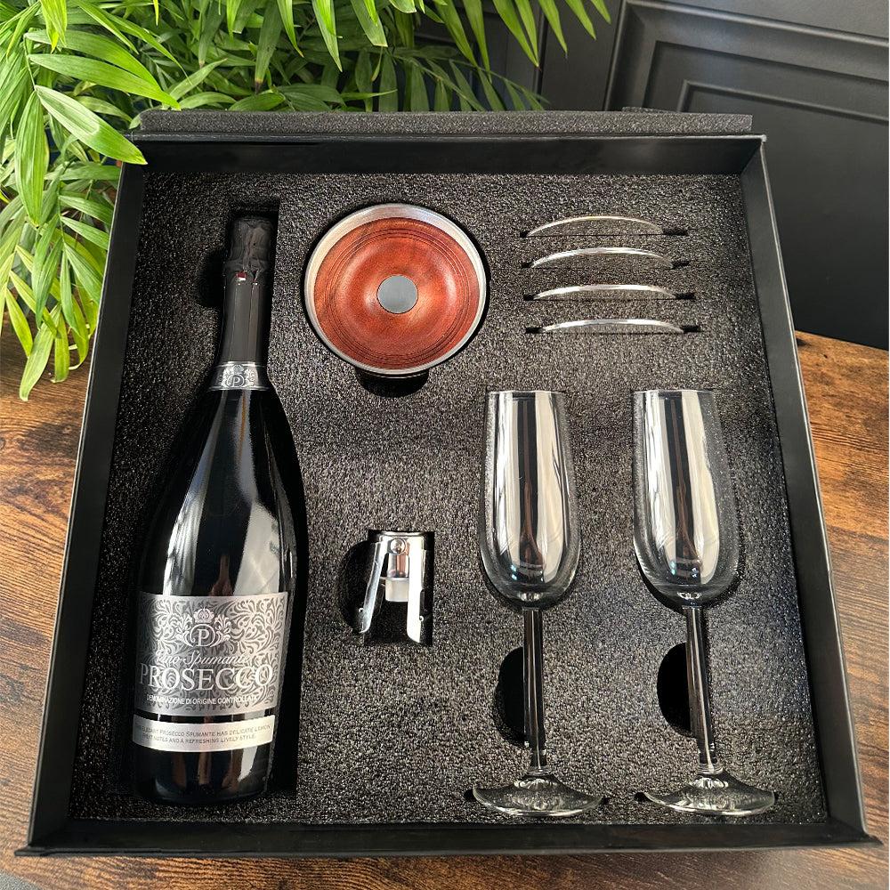 English Factory Luxury Prosecco Gift Set Includes Bottle 2 Flutes Pewter Bottle Sealer Pewter Bottle Coaster & 4 Pewter Coasters