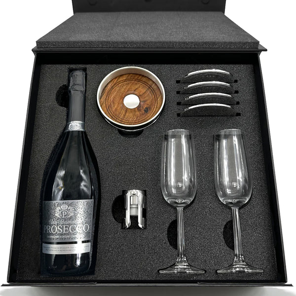 english factory Luxury Prosecco Gift Set Includes Bottle 2 Flutes Pewter Bottle Sealer Pewter Bottle Coaster & 4 Pewter Coasters