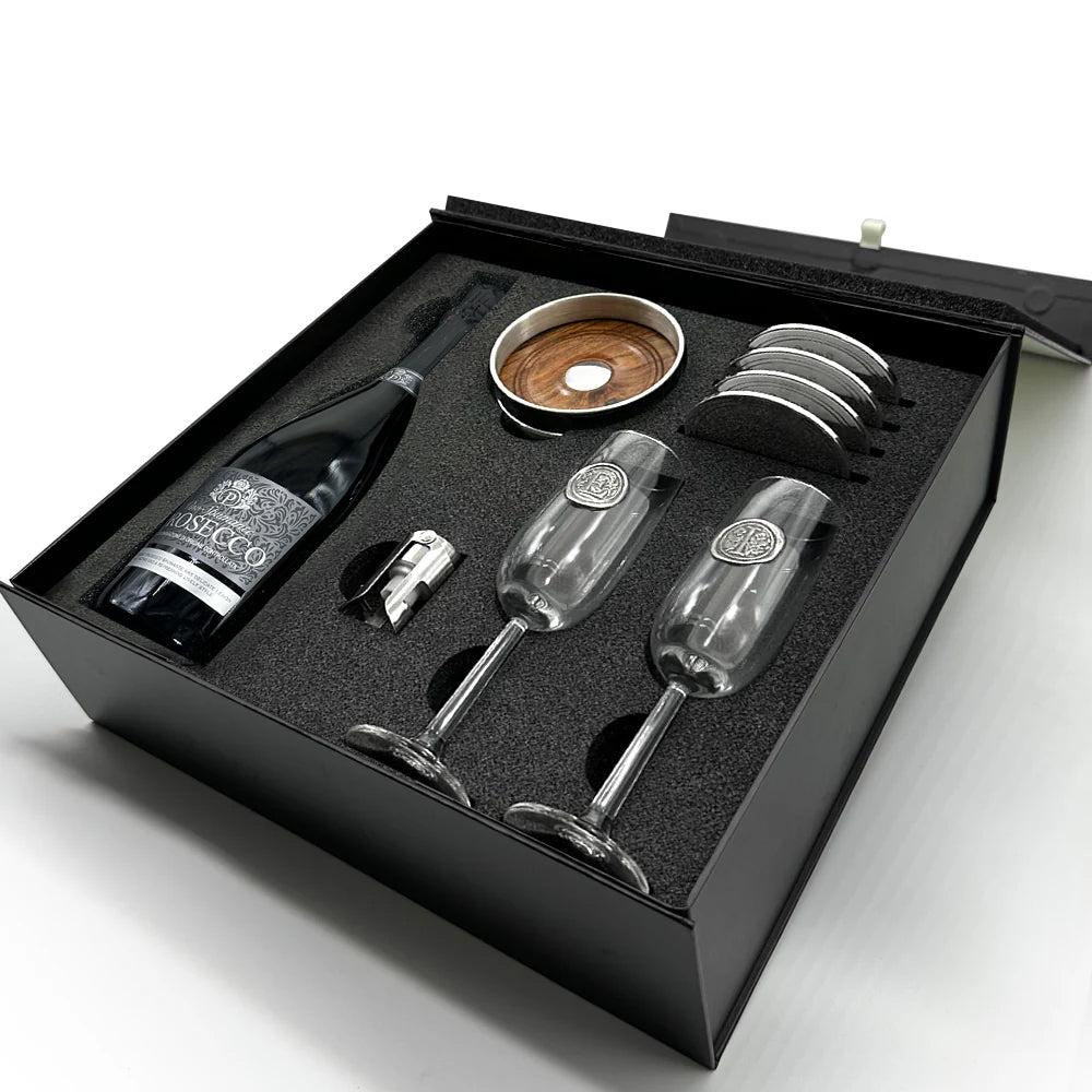 English Factory Luxury Prosecco Gift Set Includes Bottle 2 Personalised Flutes Pewter Bottle Sealer Pewter Bottle Coaster & 4 Pewter Coasters