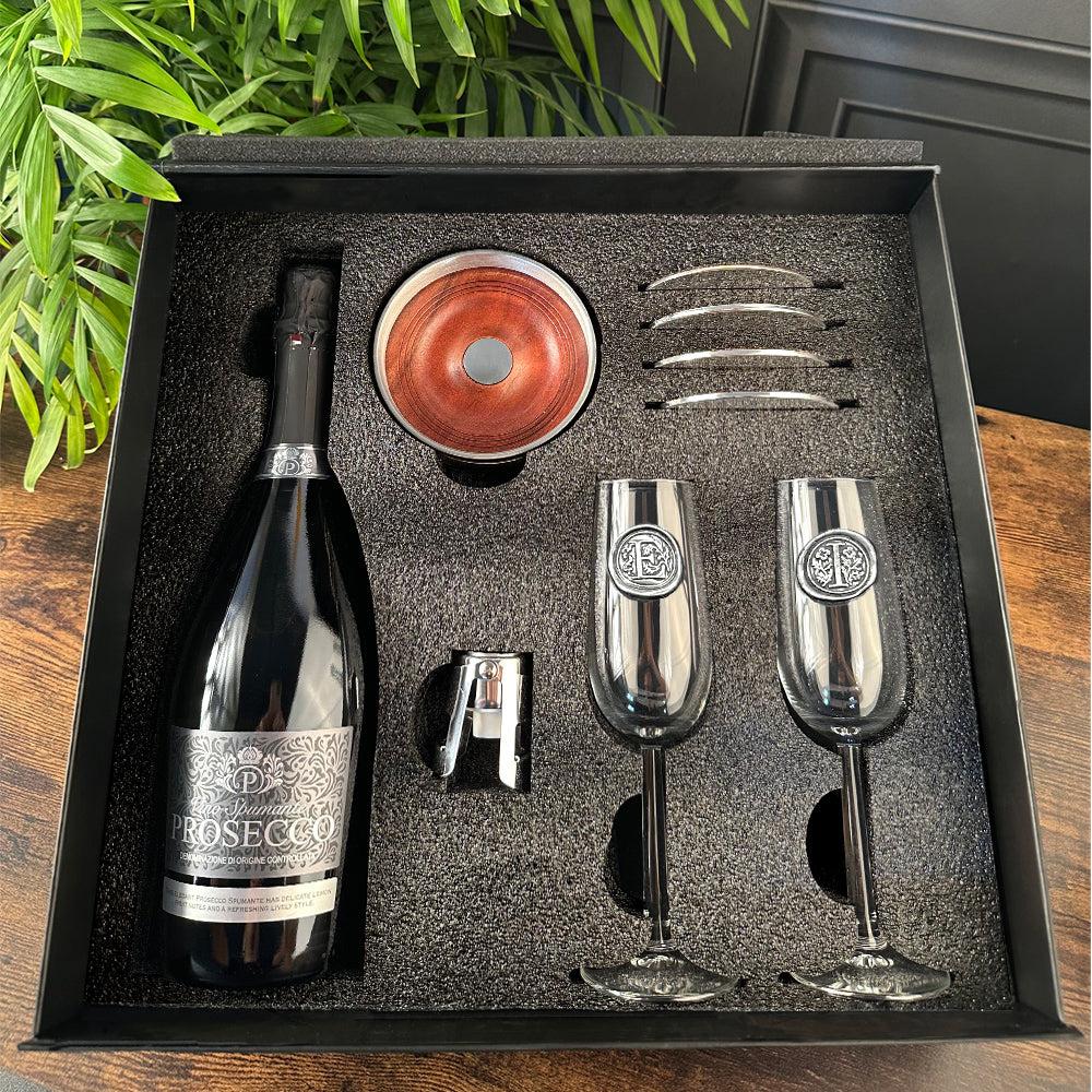 English Factory Luxury Prosecco Gift Set Includes Bottle 2 Personalised Flutes Pewter Bottle Sealer Pewter Bottle Coaster & 4 Pewter Coasters