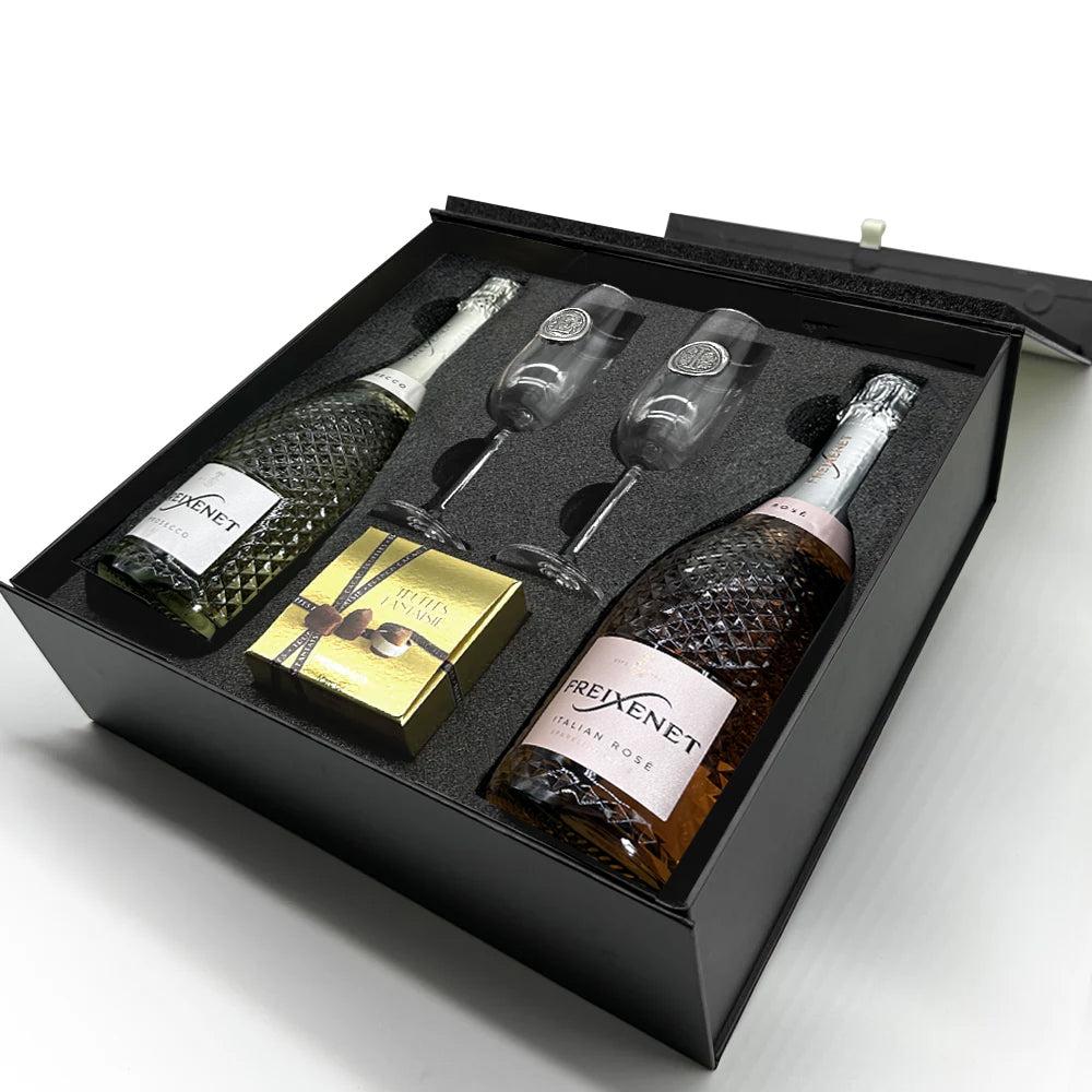 English Factory Luxury Prosecco Gift Set Includes Freixenet & Freixenet Rose 2 Personalised Flutes & Truffles