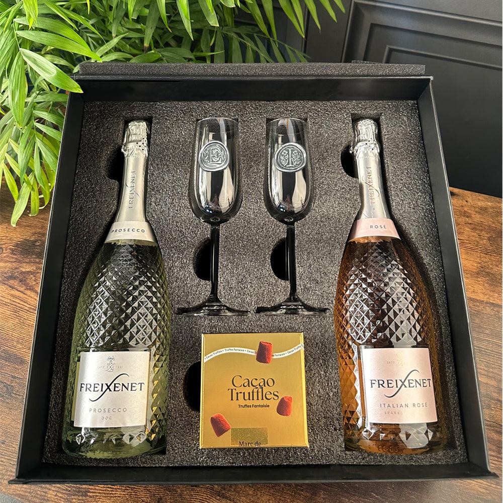 English Factory Luxury Prosecco Gift Set Includes Freixenet & Freixenet Rose 2 Personalised Flutes & Truffles