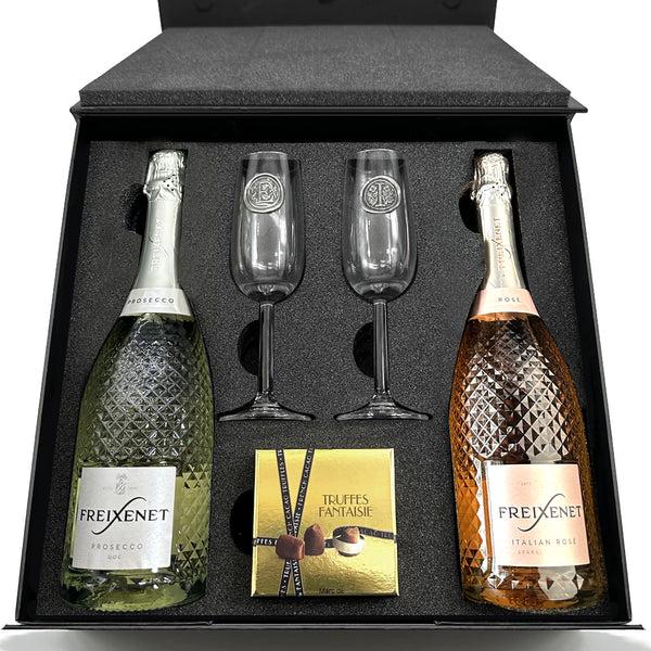 english factory Luxury Prosecco Gift Set Includes Freixenet & Freixenet Rose 2 Personalised Flutes & Truffles