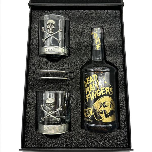 english factory Luxury Rum Gift Set Includes Bottle set Skull and Crossbones Tumblers and coasters