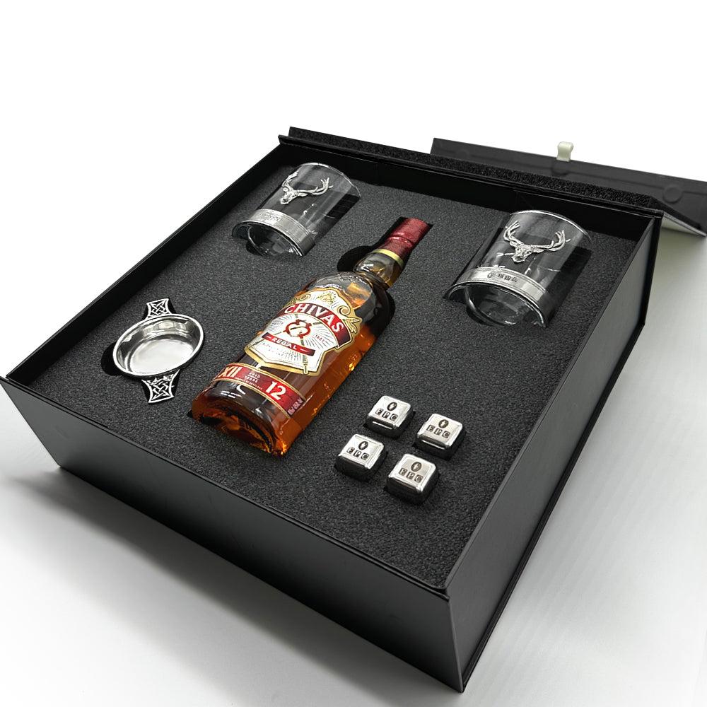 English Factory Luxury Whisky Gift Set Includes Bottle 2.5" Pewter Quaich Whisky Stones Set & 2 Stag 11oz Whisky Tumblers