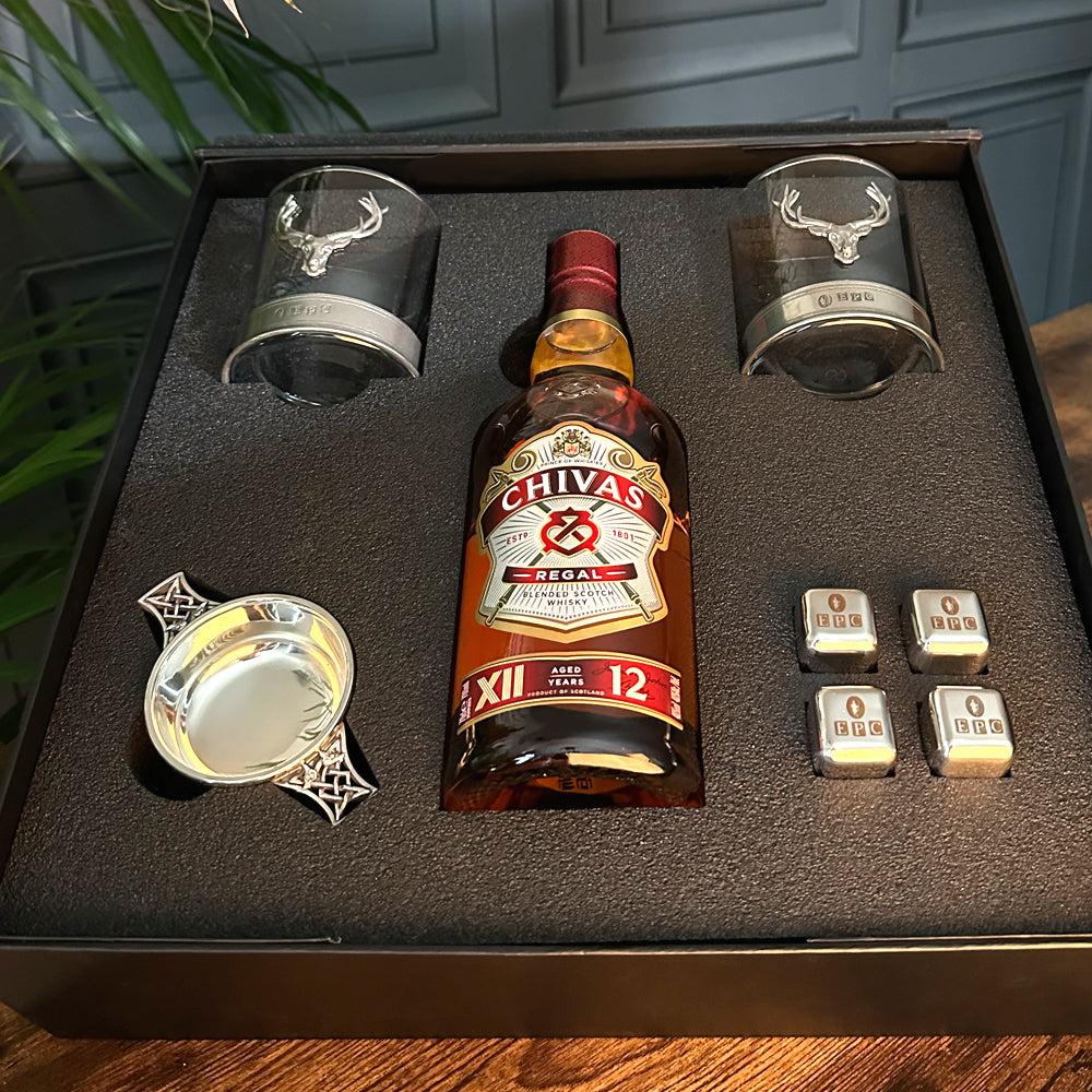English Factory Luxury Whisky Gift Set Includes Bottle 2.5" Pewter Quaich Whisky Stones Set & 2 Stag 11oz Whisky Tumblers