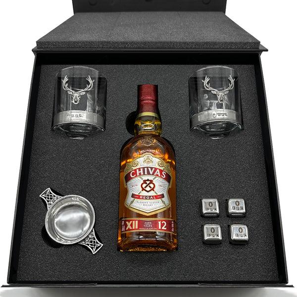 english factory Luxury Whisky Gift Set Includes Bottle 2.5" Pewter Quaich Whisky Stones Set & 2 Stag 11oz Whisky Tumblers