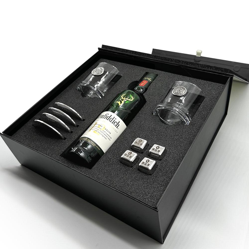English Factory Luxury Whisky Gift Set Includes Bottle 2 Personalised Whisky 11oz Tumblers 4 Pewter Coasters & Set Of Whisky Stones