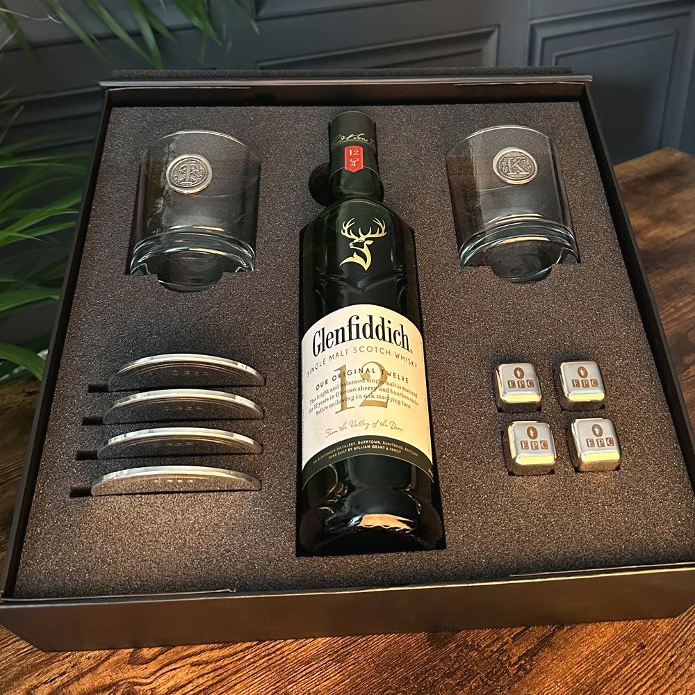 English Factory Luxury Whisky Gift Set Includes Bottle 2 Personalised Whisky 11oz Tumblers 4 Pewter Coasters & Set Of Whisky Stones