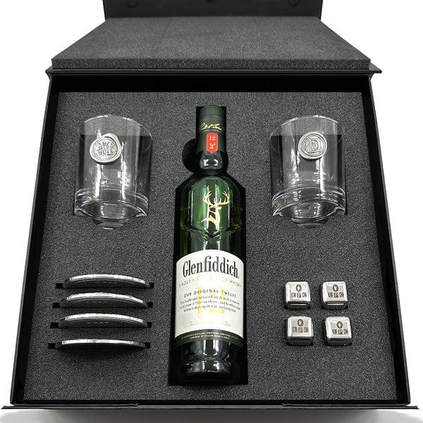 english factory Luxury Whisky Gift Set Includes Bottle 2 Personalised Whisky 11oz Tumblers 4 Pewter Coasters & Set Of Whisky Stones