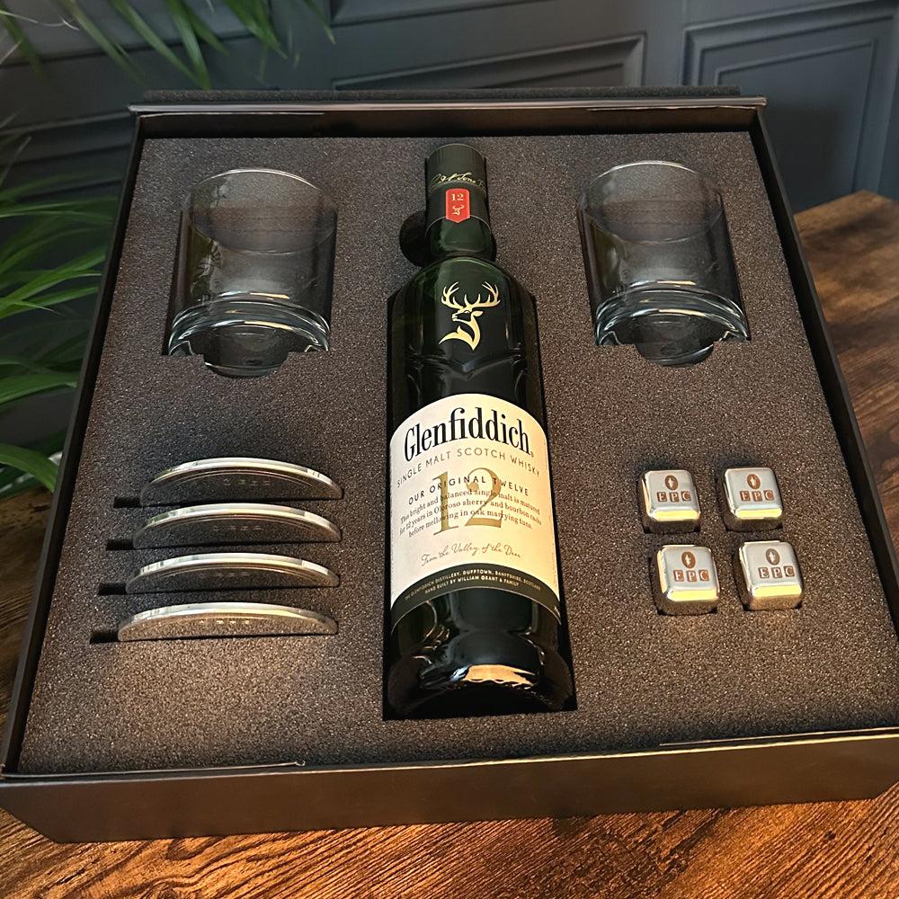 English Factory Luxury Whisky Gift Set Includes Bottle 2 Whisky 11oz Tumblers 4 Pewter Coasters & Set Of Whisky Stones