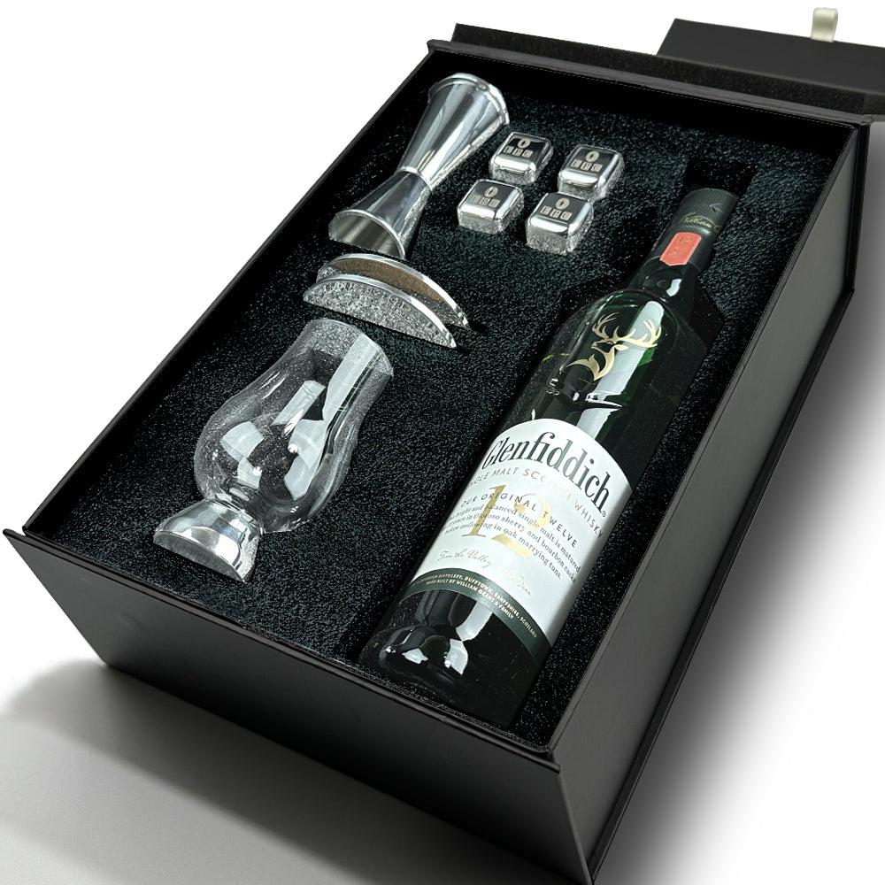 English Factory Luxury Whisky Gift Set Includes Bottle Glencairn Glass Pewter Coasters Spirit Measure & Set Of Whisky Stones