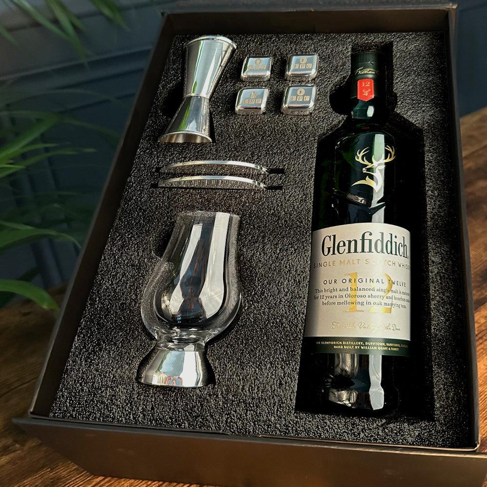 English Factory Luxury Whisky Gift Set Includes Bottle Glencairn Glass Pewter Coasters Spirit Measure & Set Of Whisky Stones
