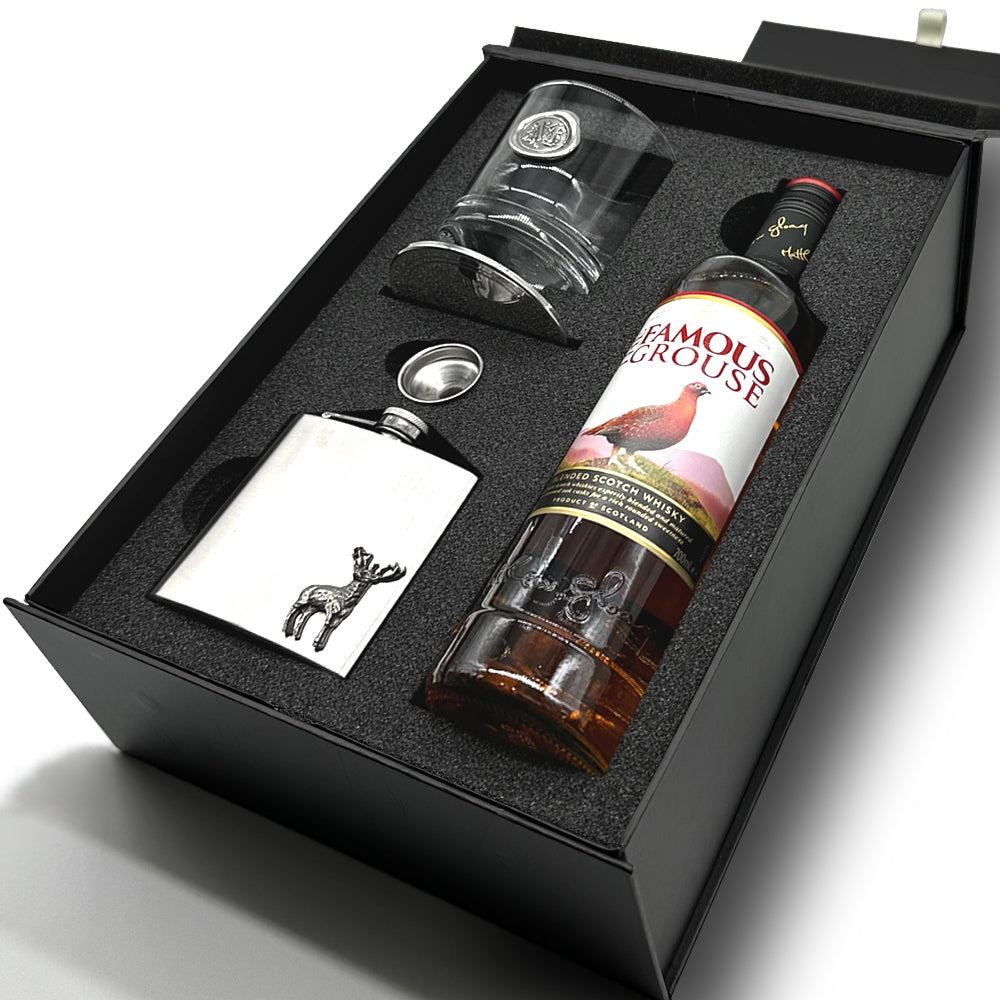 English Factory Luxury Whisky Gift Set Includes Bottle Personalised 11oz Whisky Tumbler Pewter Coaster & Stainless Steel Hip Flask & Funnel