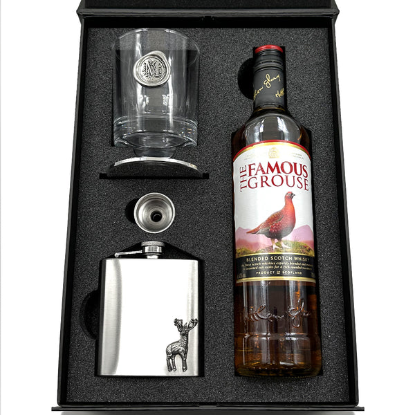 english factory Luxury Whisky Gift Set Includes Bottle Personalised 11oz Whisky Tumbler Pewter Coaster & Stainless Steel Hip Flask & Funnel