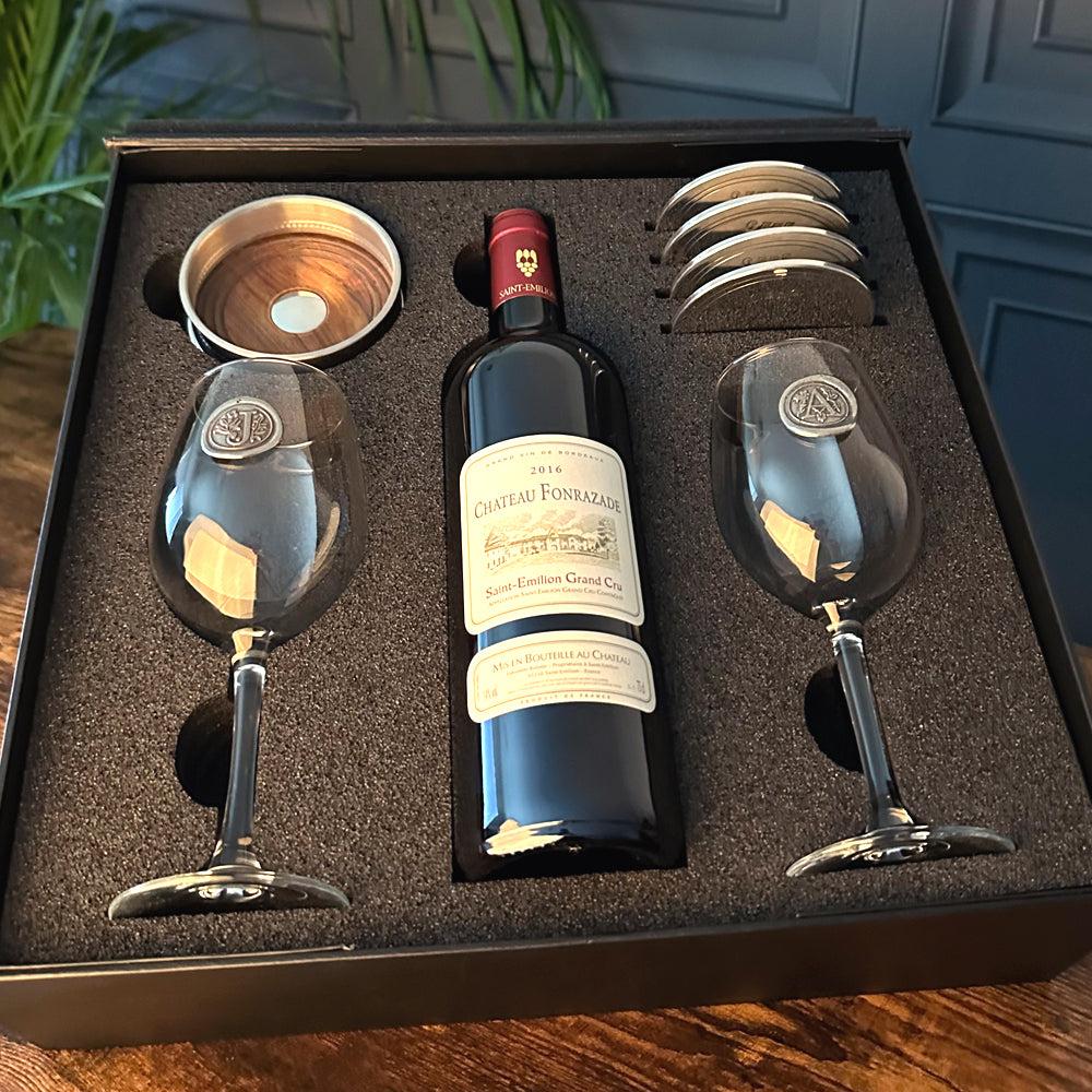 English Factory Luxury Wine Gift Set Includes Bottle 2 Personalised Wine Glasses Pewter Wine Bottle Coaster & 4 Pewter Coasters