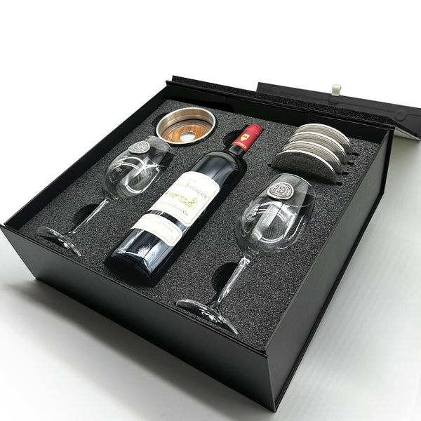 english factory Luxury Wine Gift Set Includes Bottle 2 Personalised Wine Glasses Pewter Wine Bottle Coaster & 4 Pewter Coasters