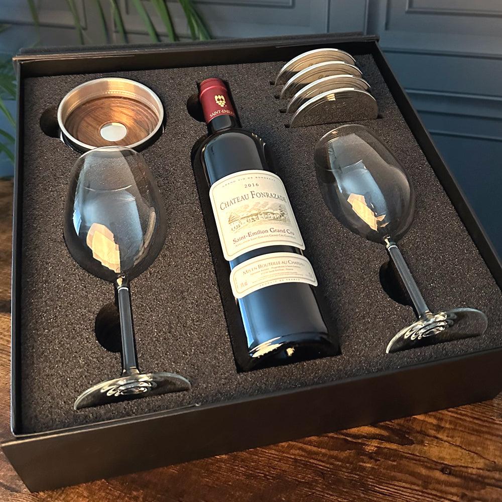 English Factory Luxury Wine Gift Set Includes Bottle 2 Wine Glasses Pewter Wine Bottle Coaster & 4 Pewter Coasters