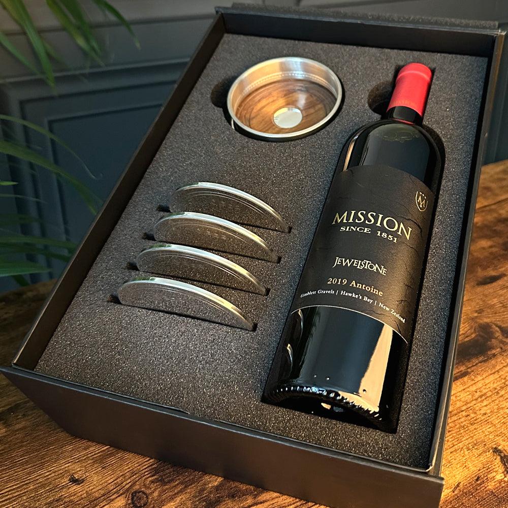 English Factory Luxury Wine Gift Set Includes Bottle 4 Pewter Coasters & Pewter Wine Bottle Coaster
