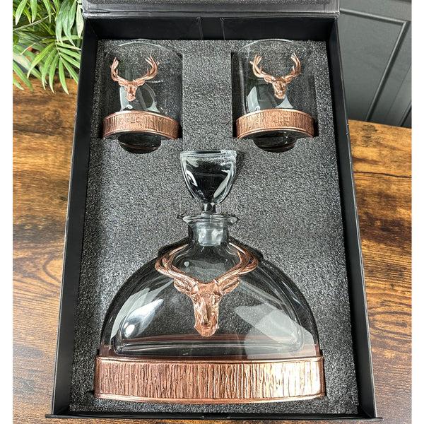 english factory Majestic 570ml Whisky Wine & Spirits Copper Stag Crystal Decanter Gift Set Includes 2x 11oz Stag Copper Tumblers - GSET13