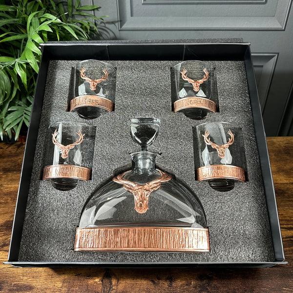 english factory Majestic 570ml Whisky Wine & Spirits Copper Stag Crystal Decanter Gift Set Includes 4x 11oz Stag Copper Tumblers