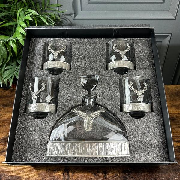 english factory Majestic 570ml Whisky Wine & Spirits Stag Crystal Decanter Gift Set Includes 4x 11oz Stag Pewter Tumblers