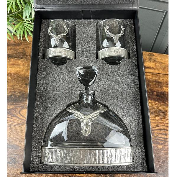 english factory Majestic 570ml Whisky Wine & Spirits Stag Crystal Decanter Gift Set Includes 2x 11oz Stag Pewter Tumblers