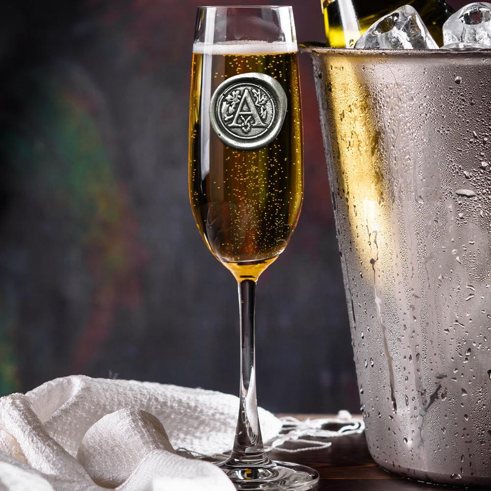 English Factory Monogram Champagne Glass Flute Personalised Gift With Pewter Initial