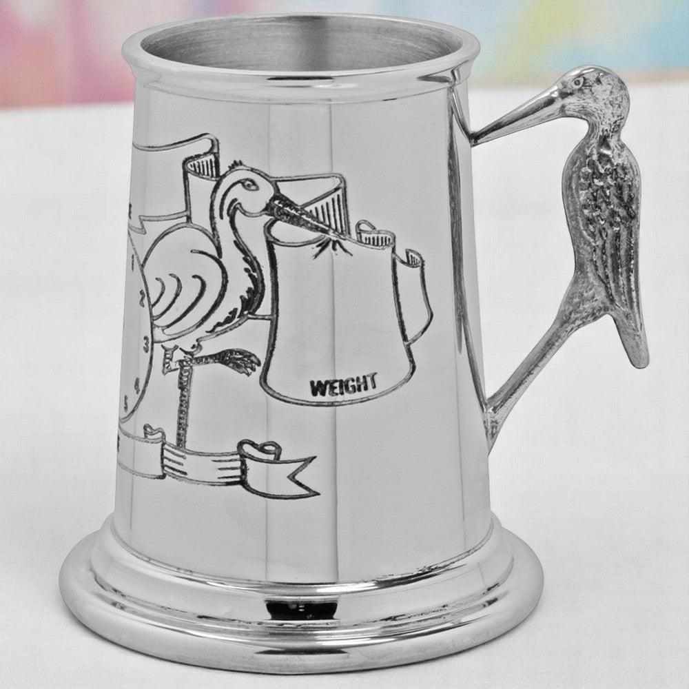 English Factory New Baby Stork Handle Childrens Pewter Christening Cup