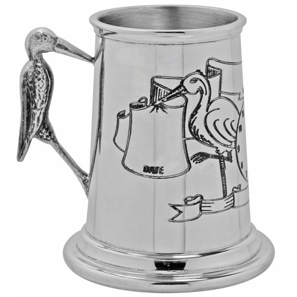 English Factory New Baby Stork Handle Childrens Pewter Christening Cup
