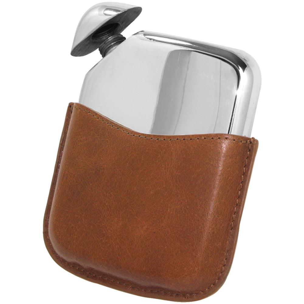 English Factory Novus Pewter Hip Flask With Genuine Leather Pouch