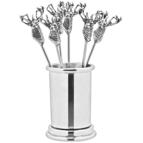 english factory Pewter Cocktail or Olive Picks With Stag Design & Holder (6 Picks)