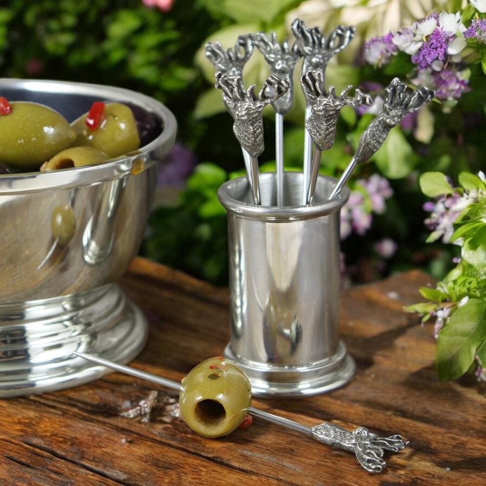 English Factory Pewter Cocktail Or Olive Picks With Stag Design & Holder (6 Picks)