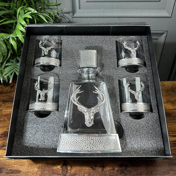 english factory Regal 600ml Whisky Wine & Spirits Stag Decanter Gift Set Includes 4x 11oz Regal Stag Pewter Tumblers