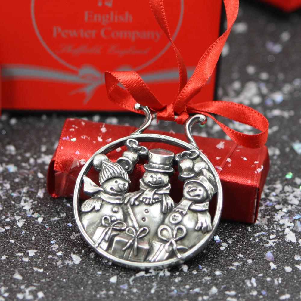 English Factory Snowman And Friends Christmas Tree Pewter Ornament Bauble Decoration
