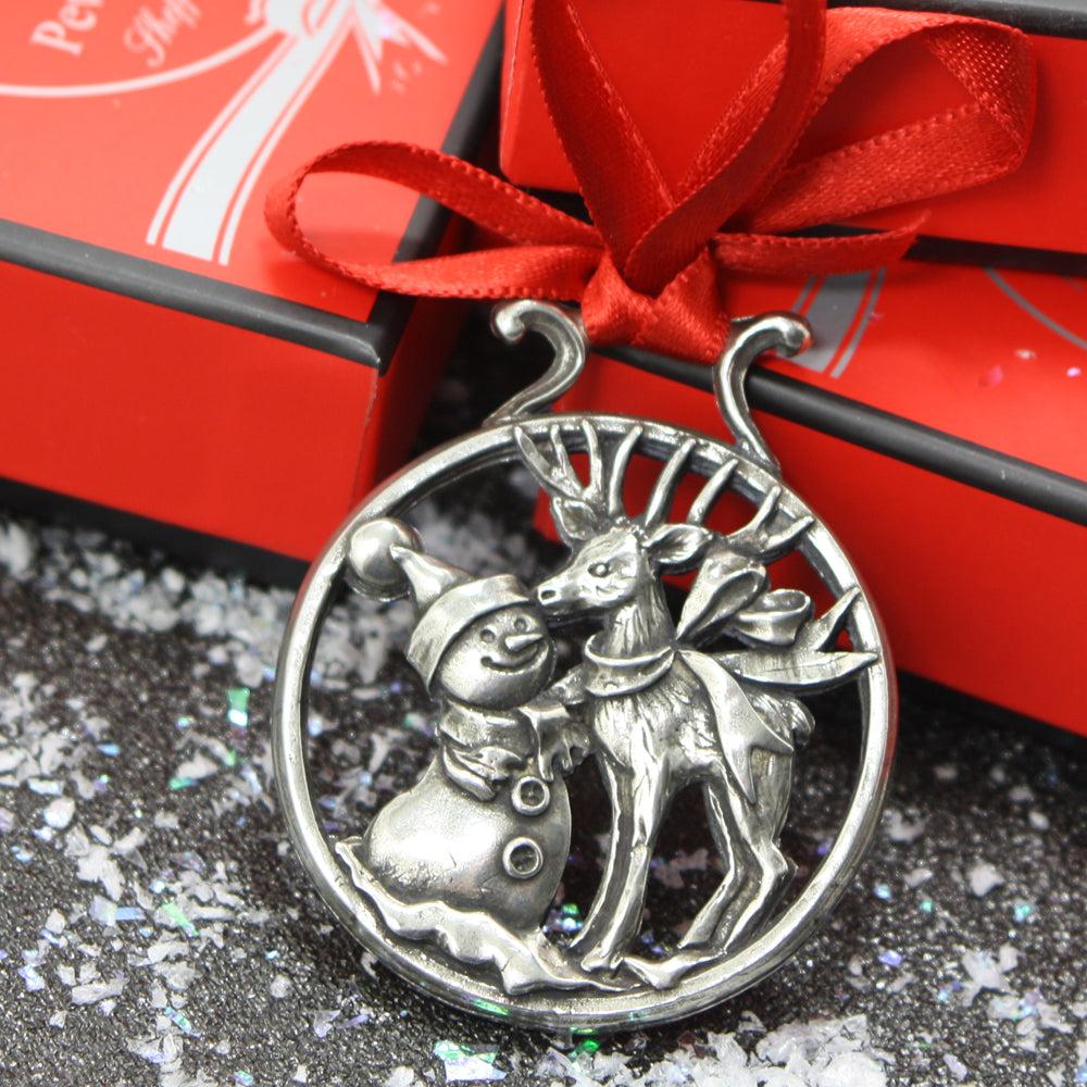 English Factory Snowman And Rudolph Christmas Tree Pewter Ornament Bauble Decoration