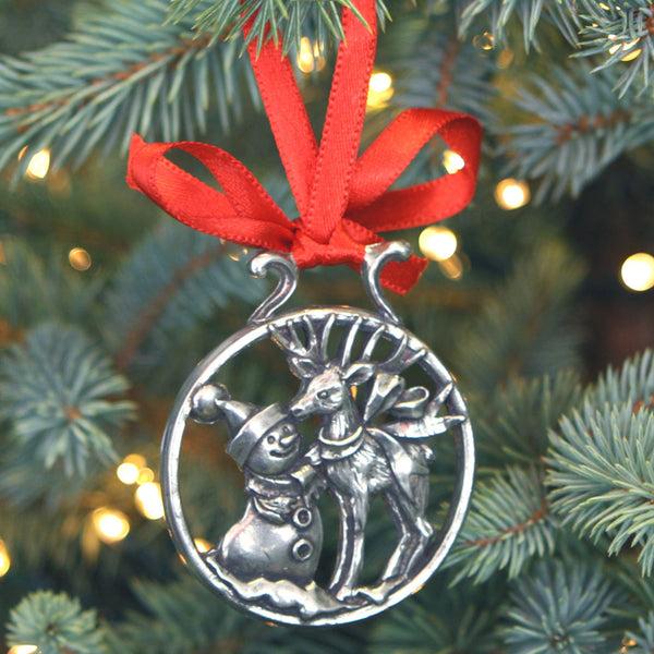 english factory Snowman and Rudolph Christmas Tree Pewter Ornament Bauble Decoration