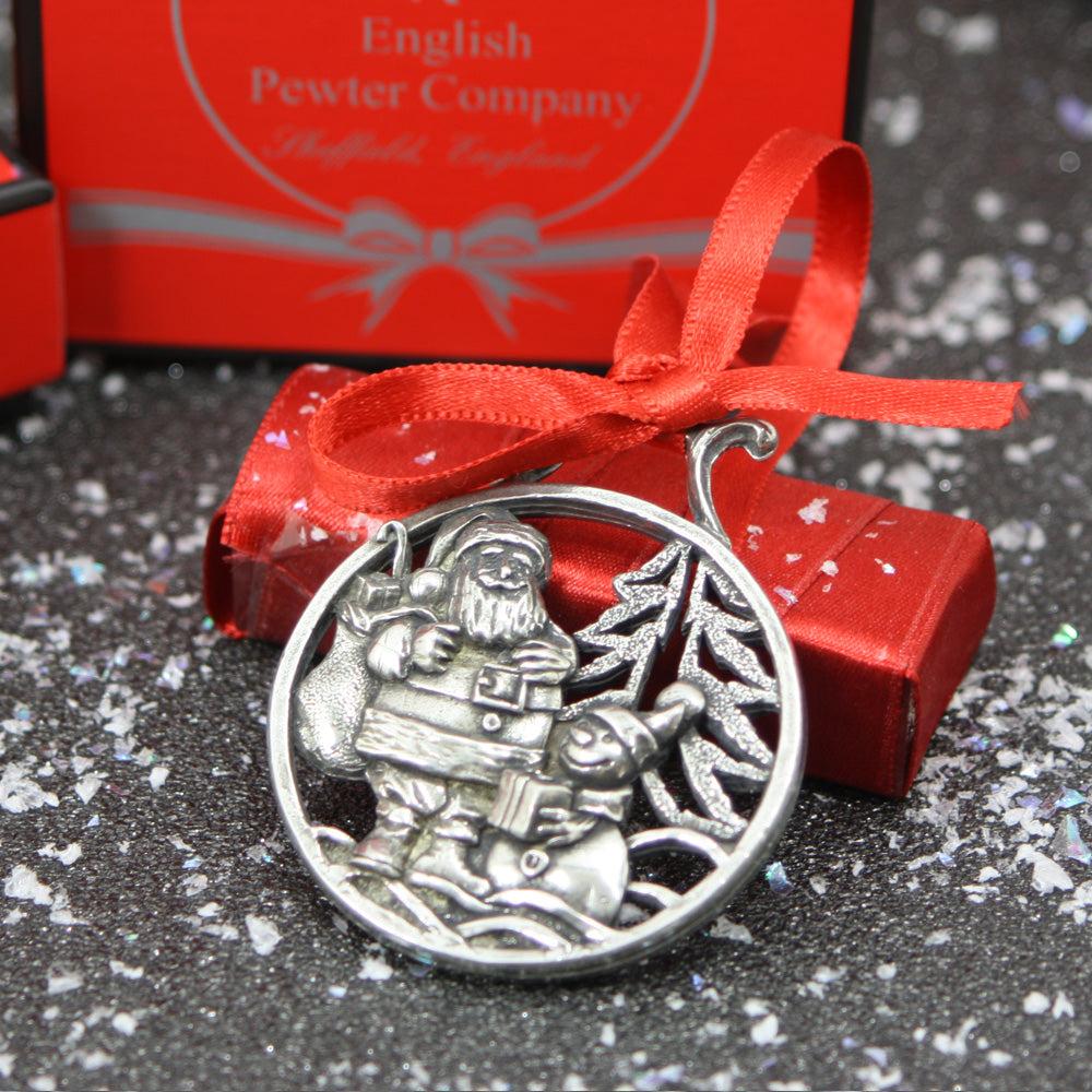 English Factory Snowman And Santa Christmas Tree Pewter Ornament Bauble Decoration