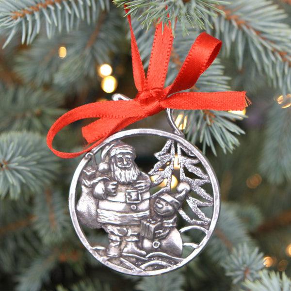 english factory Snowman and Santa Christmas Tree Pewter Ornament Bauble Decoration