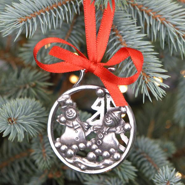 english factory Snowman and Snowballs Christmas Tree Pewter Ornament Bauble Decoration