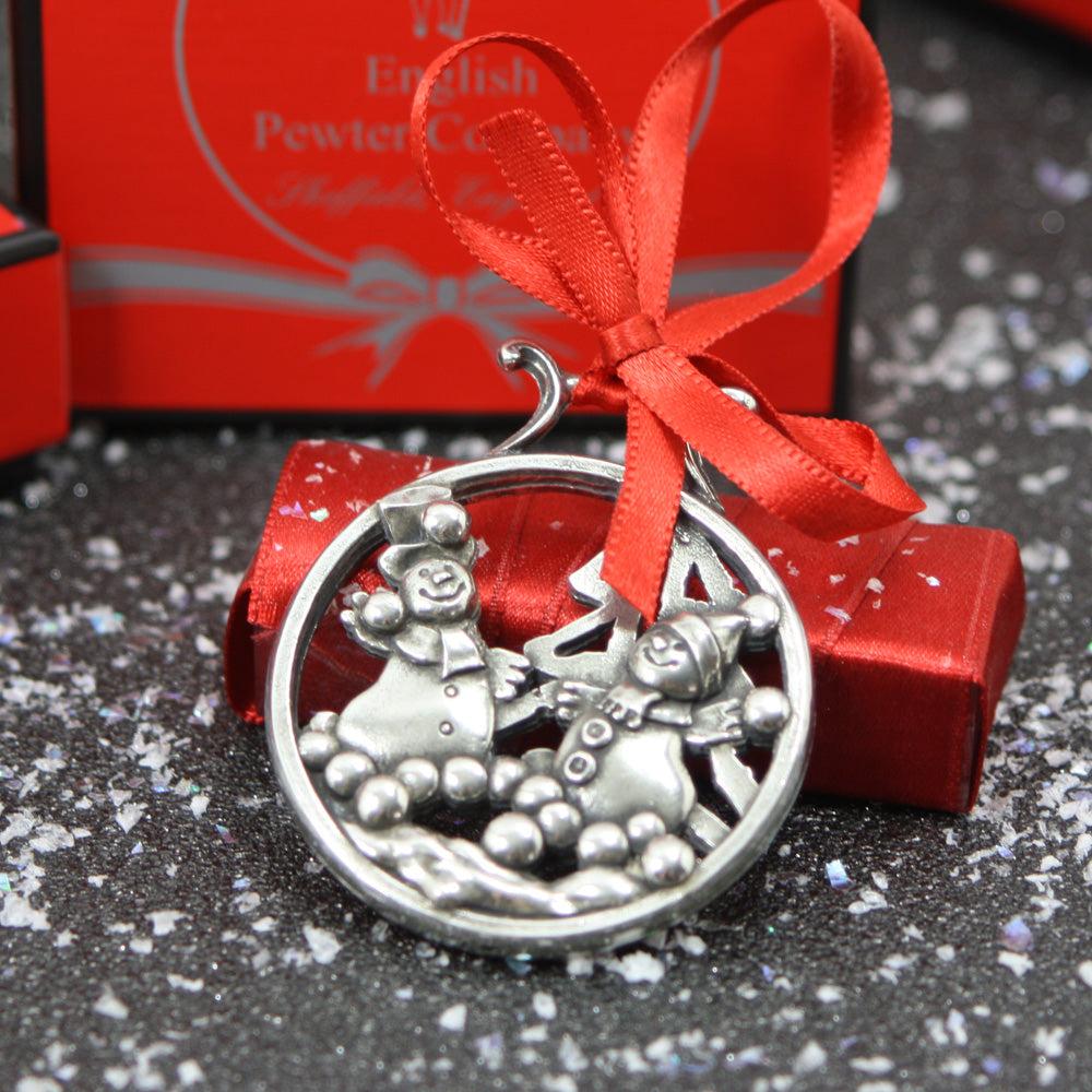 English Factory Snowman And Snowballs Christmas Tree Pewter Ornament Bauble Decoration