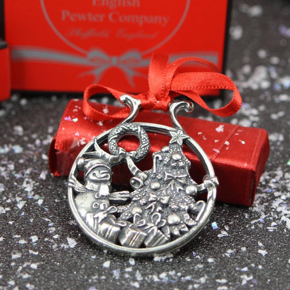 English Factory Snowman At The Tree Christmas Tree Pewter Ornament Bauble Decoration