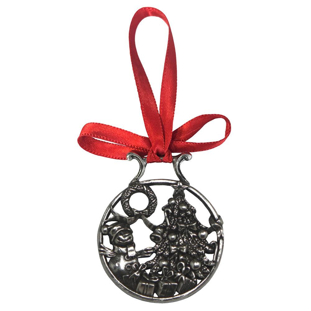 English Factory Snowman At The Tree Christmas Tree Pewter Ornament Bauble Decoration
